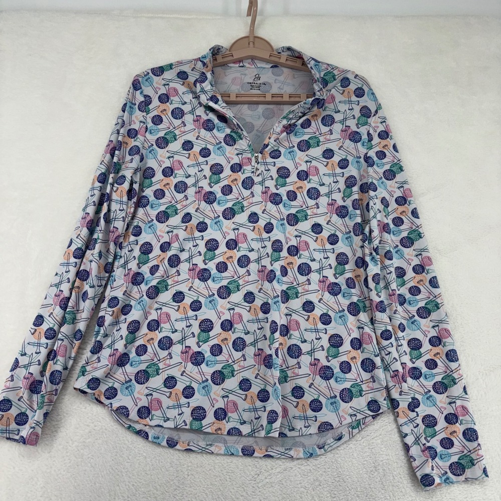 Emerald 18 Womens Golf Top Medium M Quarter Zip Long Sleeve Golf Ball Tee Print